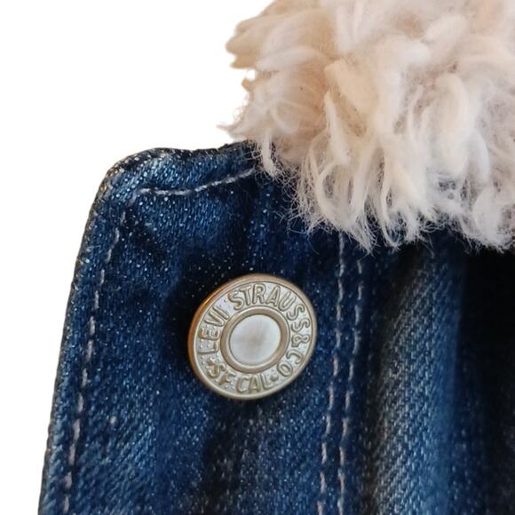 LEVI'S Denim Jacket Sherpa Woman's Sz XS Blue Short Cropped Fleece Jean Western - Picture 8 of 16
